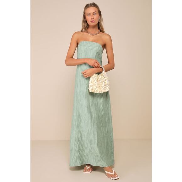 NWT Lulus Radiant Season Sage Green Plisse Cutout Strapless Maxi Dress Wedding S - Picture 1 of 8